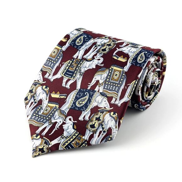 Rene Chegal Mens Tie Repeating Elephant Motif India Southeast Asia Regal Ornate - Picture 1 of 8